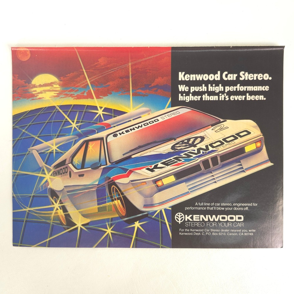 Vintage Kenwood Car Stereo Print Ad BMW Race Car Audio Retro Mancave Decor 1981